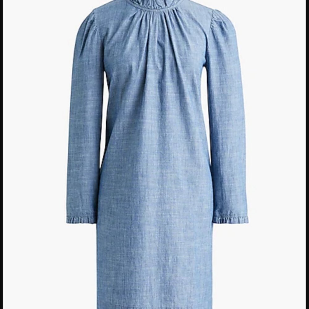 J Crew Chambray blue ruffle neck long sleeve zip back shift dress size 10